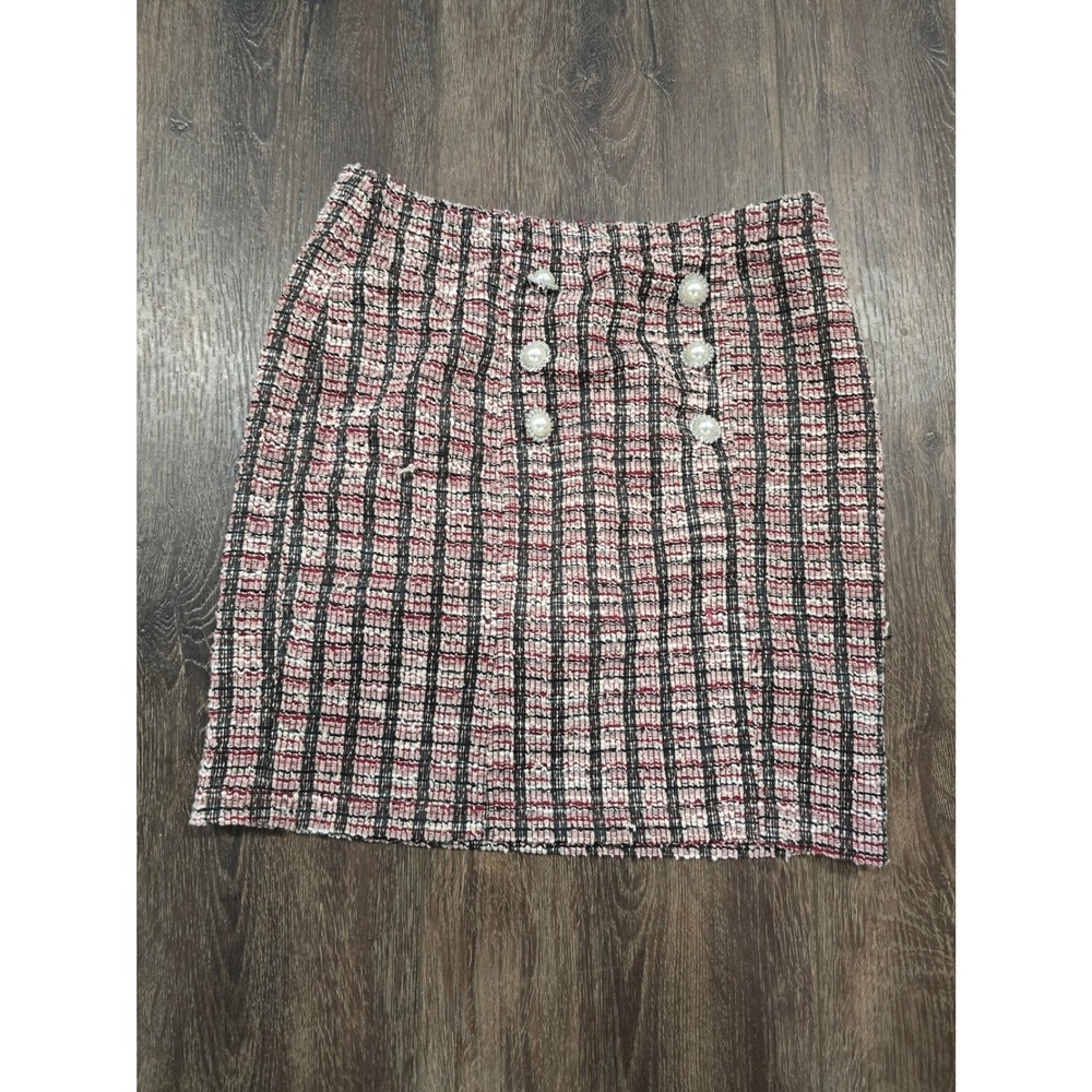 Amy Byer Girls Tweed Plaid Mini Skirt Red White Black Pearl Buttons Size L 14